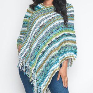 BLUE MULTI COLOR KNIT PONCHO FALL SEASON STRIPED S